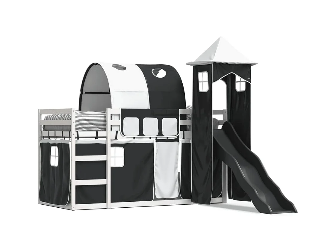 Lit superposé sans matelas avec toboggan blanc noir 90x190 cm