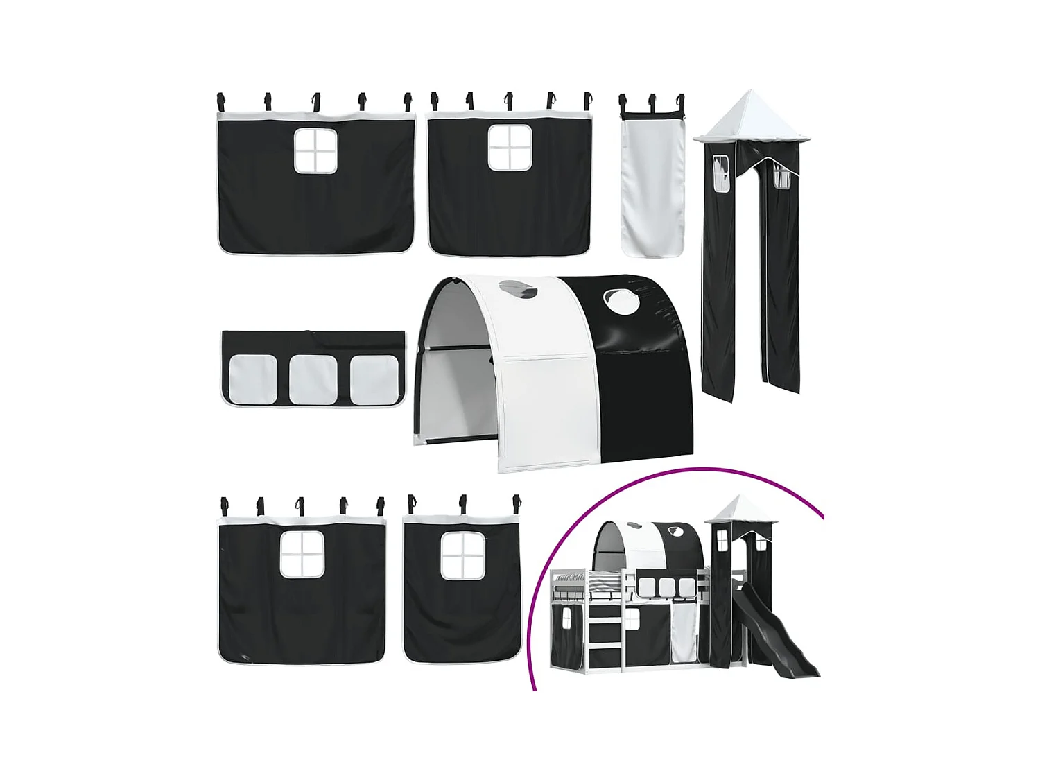 Lit superposé sans matelas avec toboggan blanc noir 90x190 cm