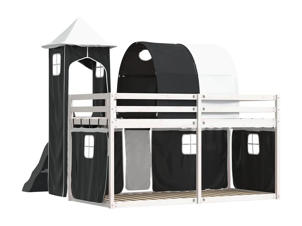 Lit superposé sans matelas avec toboggan blanc noir 90x190 cm