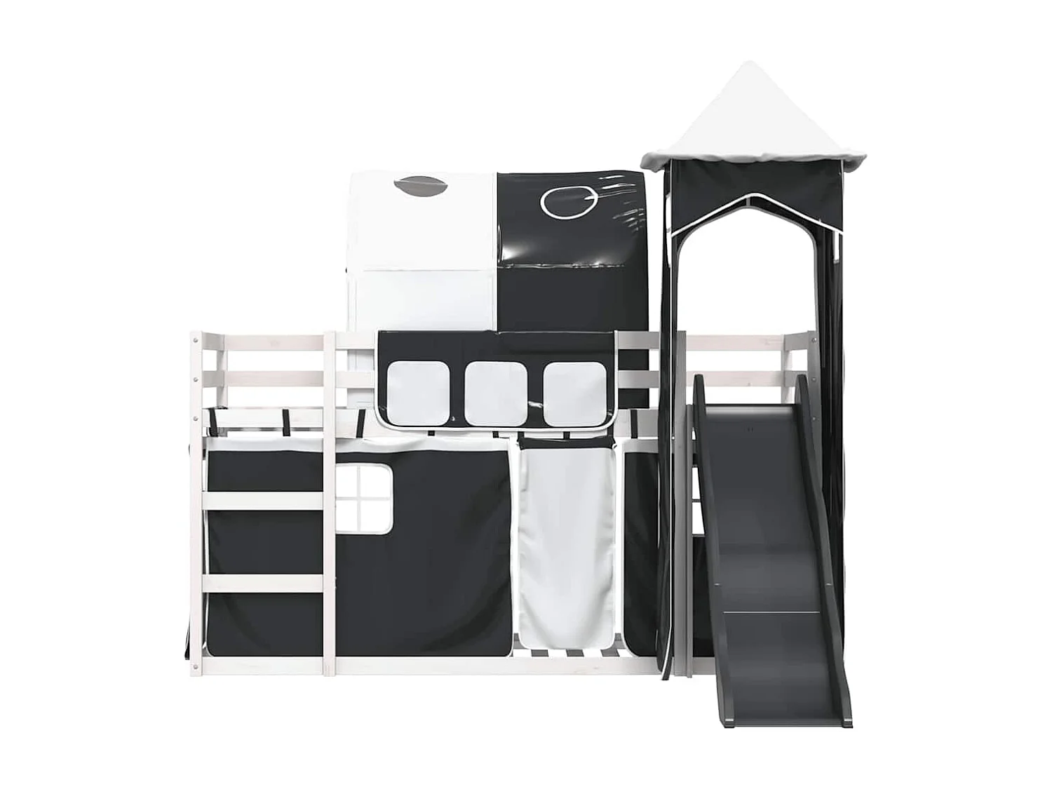 Etagenbett mit Rutsche und Gardinen Weiß und Schwarz 90x190 cm