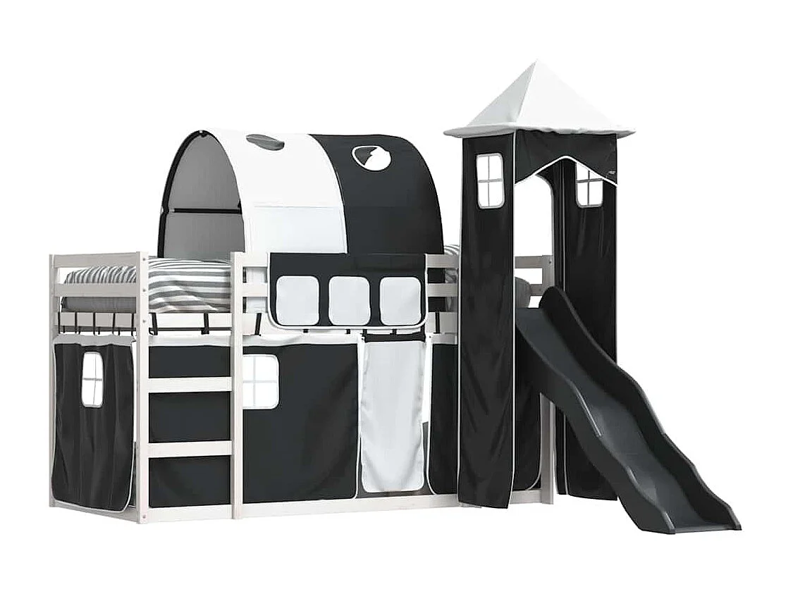 Lit superposé sans matelas avec toboggan blanc noir 90x190 cm