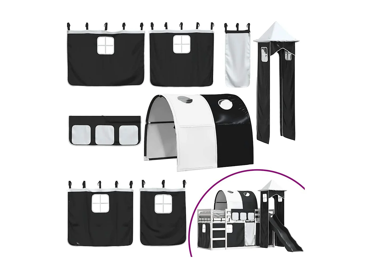 Lit superposé sans matelas avec toboggan blanc noir 90x190 cm