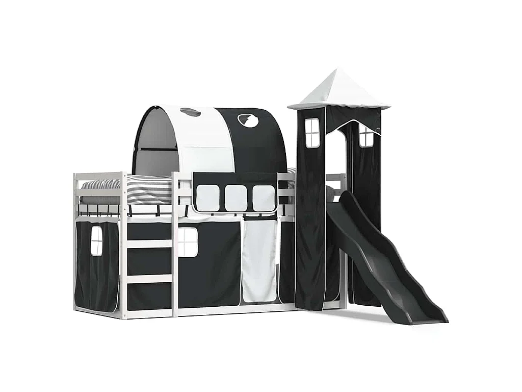 Lit superposé sans matelas avec toboggan blanc noir 90x190 cm