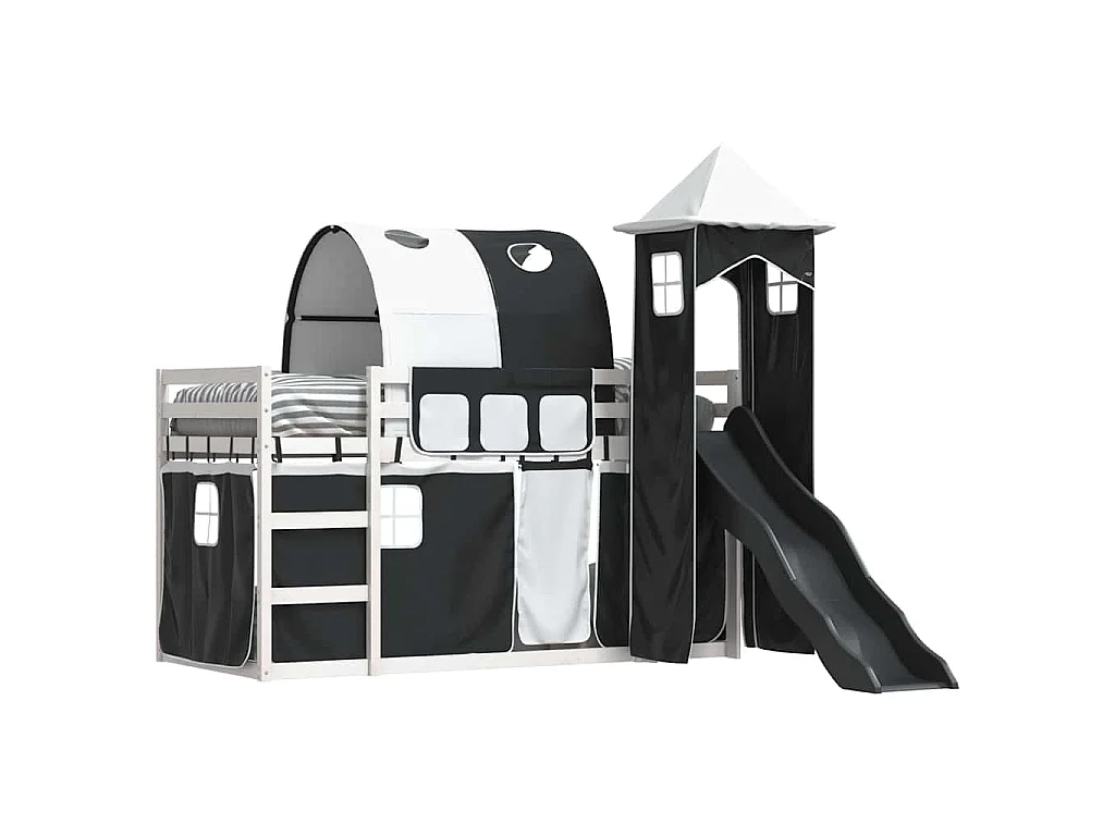 Lit superposé sans matelas avec toboggan blanc noir 90x190 cm