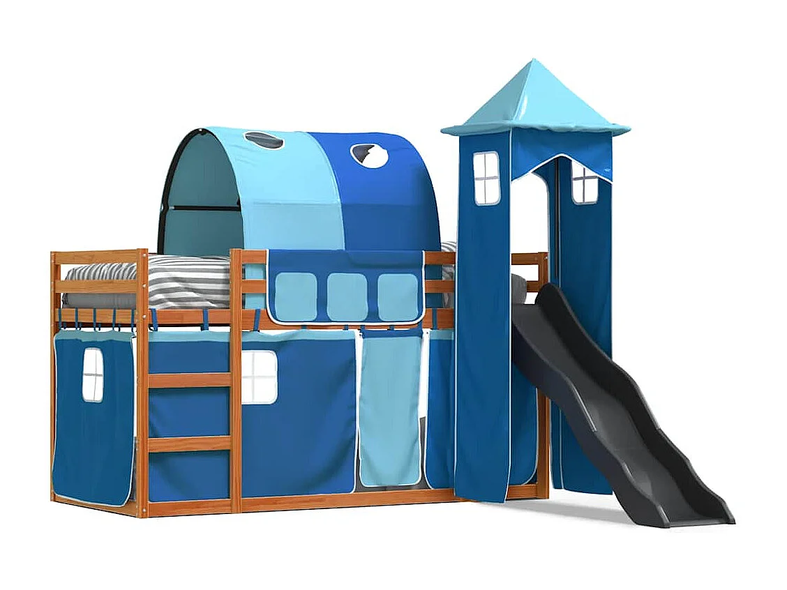 Etagenbett mit Rutsche und Gardinen Blau 90x200 cm