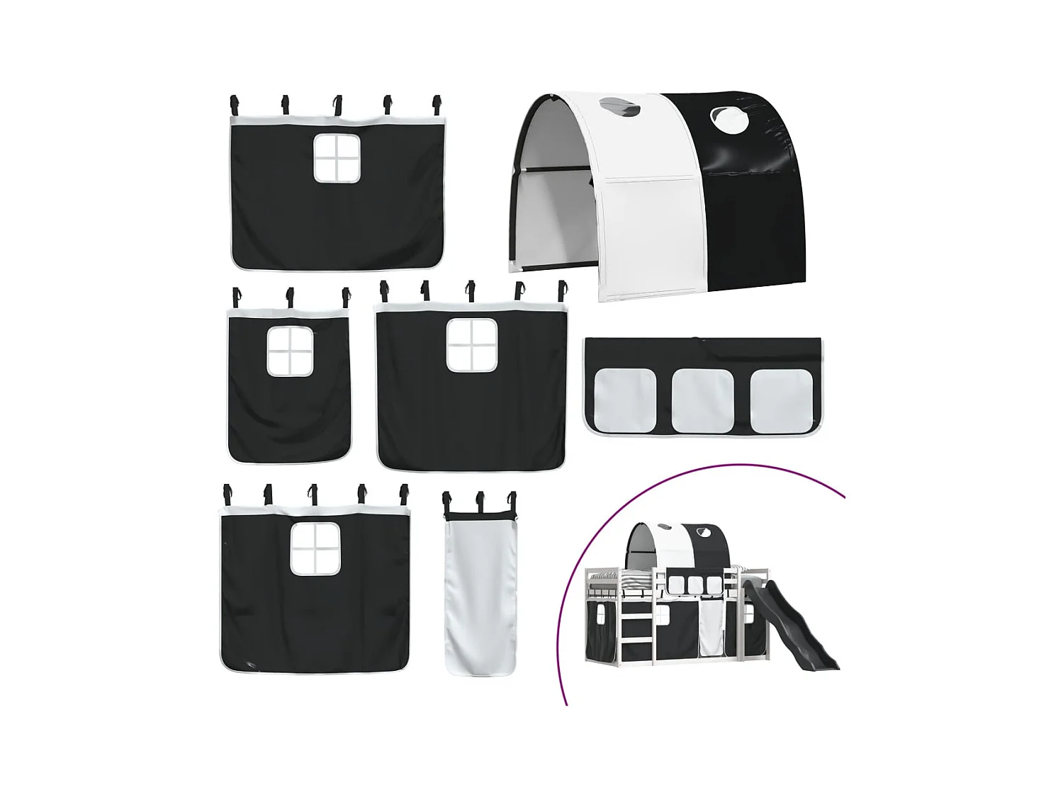 Lit superposé sans matelas avec toboggan blanc noir 90x200 cm