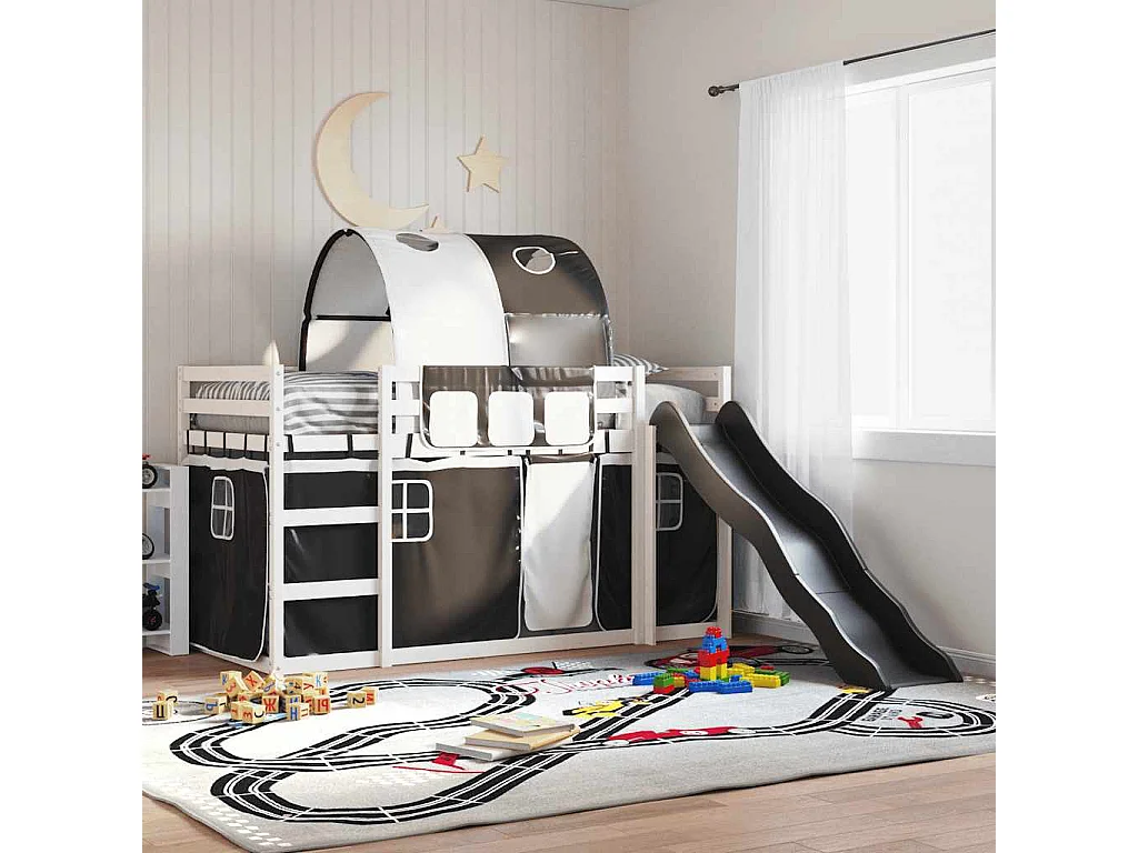 Letto a Castello con Scivolo e Tende Bianco e Nero 90x200 cm