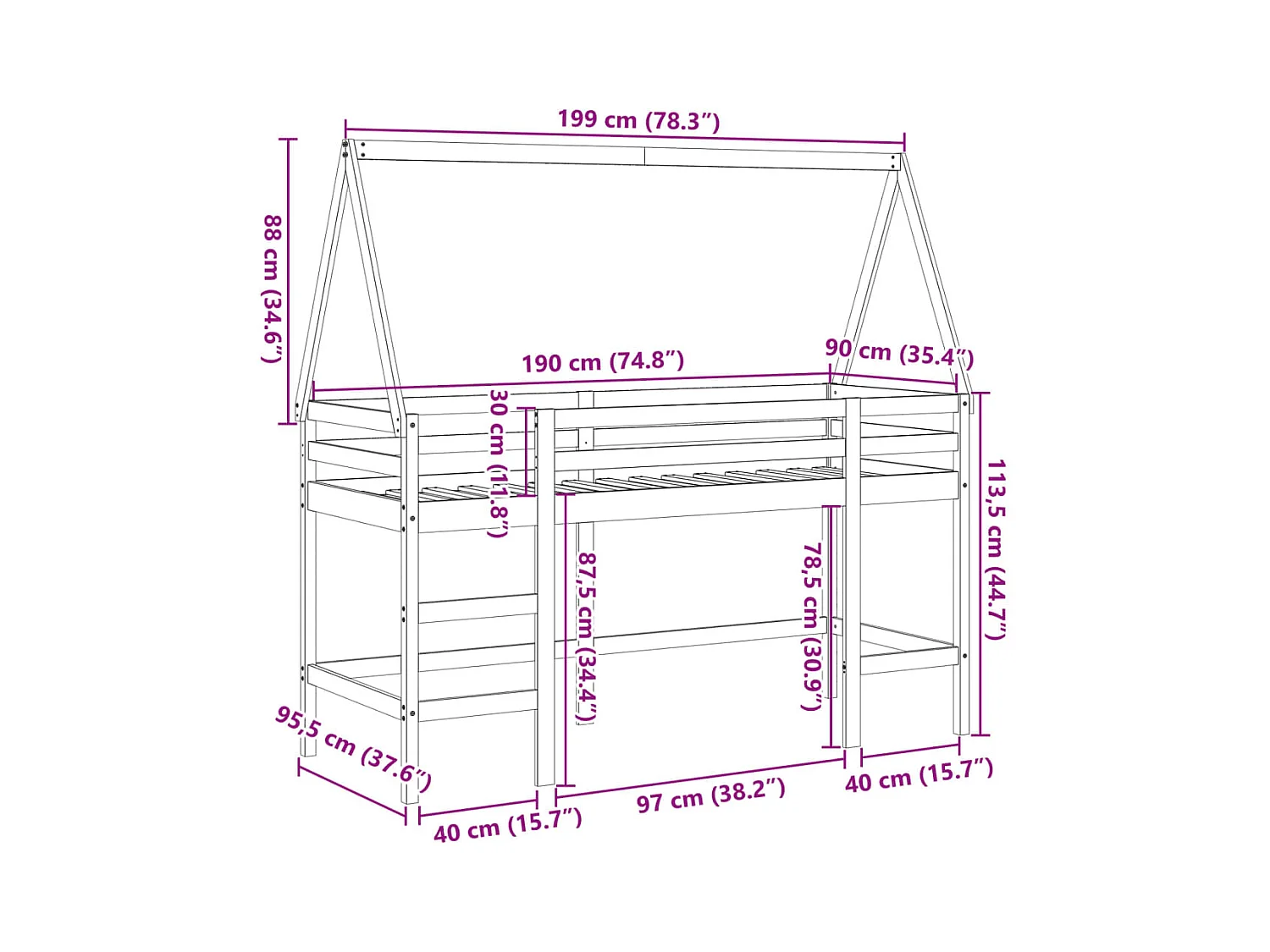 Lit superposé avec échelle et toit sans matelas 90x190 cm