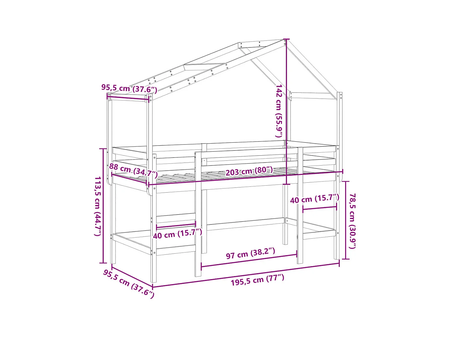 Lit superposé avec échelle et toit sans matelas blanc 90x190 cm