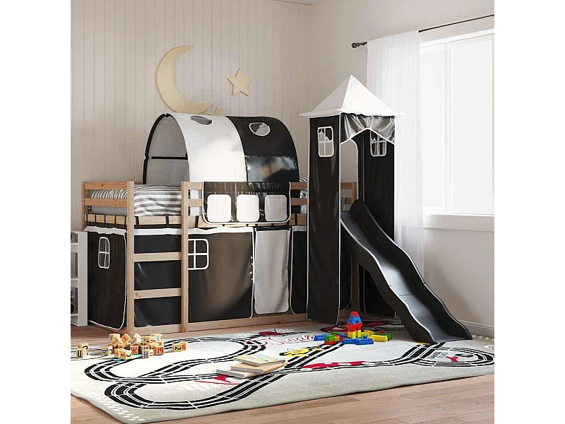Stapelbed met glijbaan en gordijnen wit en zwart 80x200 cm