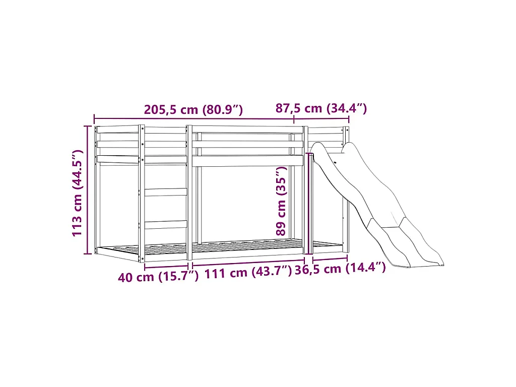 Etagenbett mit Rutsche und Gardinen Weiß und Schwarz 80x200 cm