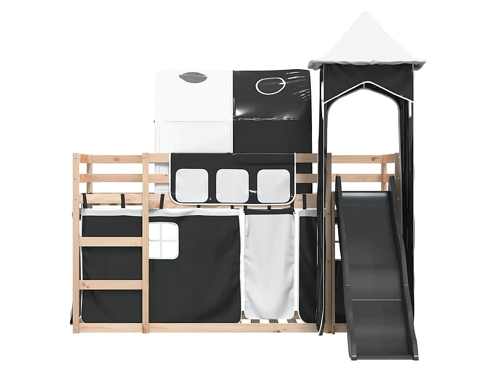 Etagenbett mit Rutsche und Gardinen Weiß und Schwarz 80x200 cm