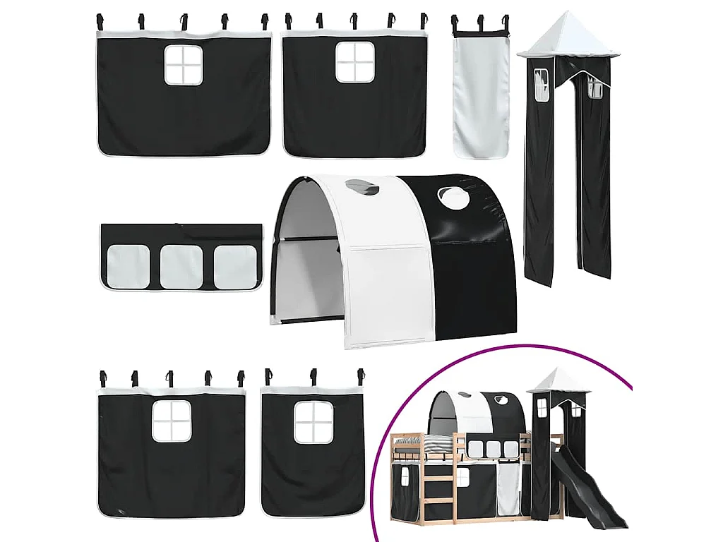 Lit superposé sans matelas avec toboggan blanc noir 80x200 cm