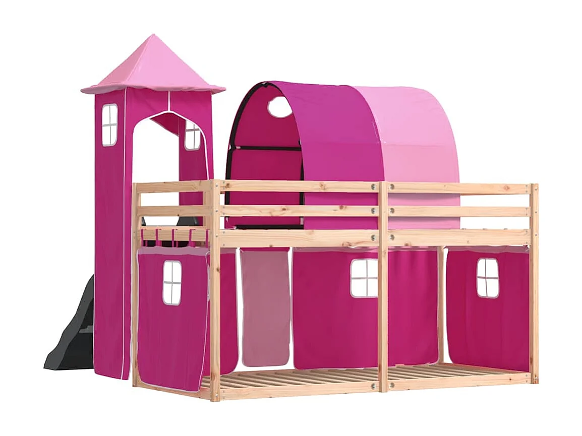 Etagenbett mit Rutsche und Gardinen Rosa 80x200 cm