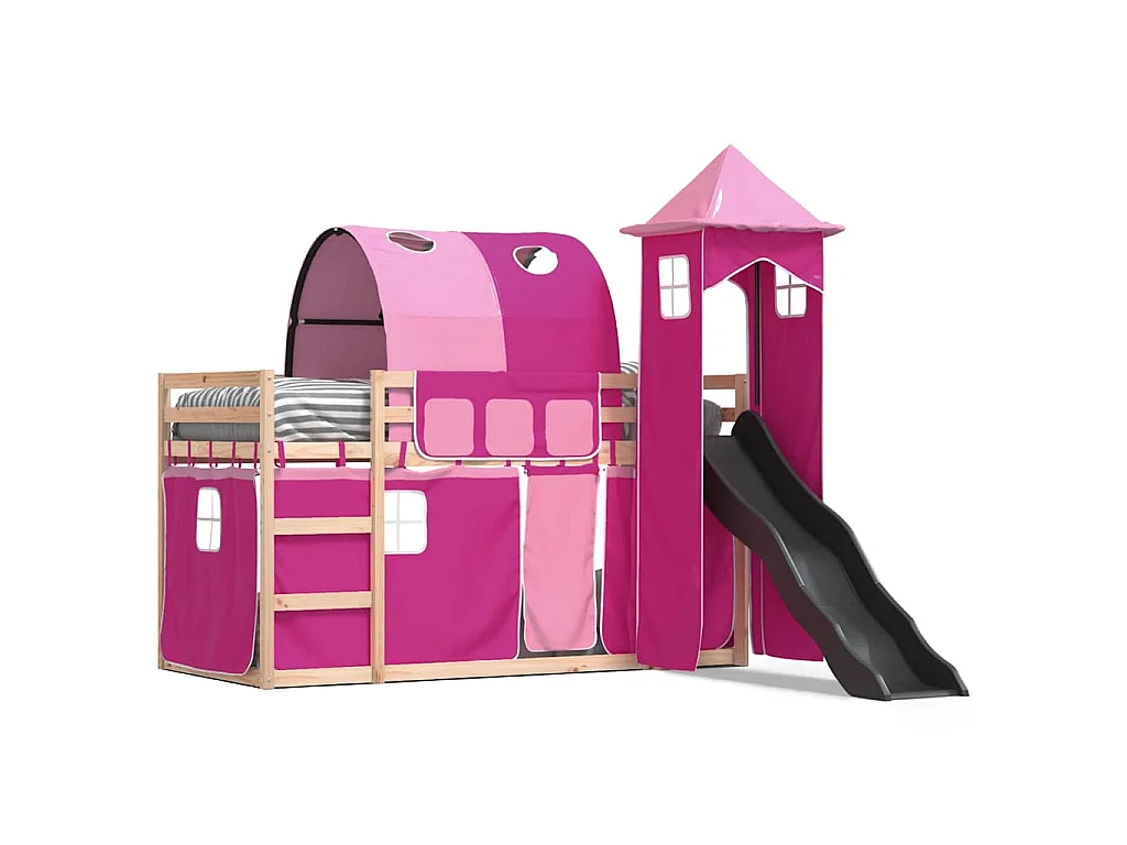 Lit superposé sans matelas avec toboggan et rideaux 80x200 cm
