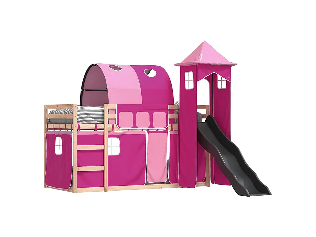 Lit superposé sans matelas avec toboggan et rideaux 80x200 cm