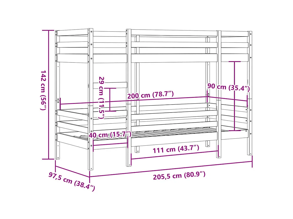Lit superposé sans matelas blanc 90x200 cm bois de pin massif
