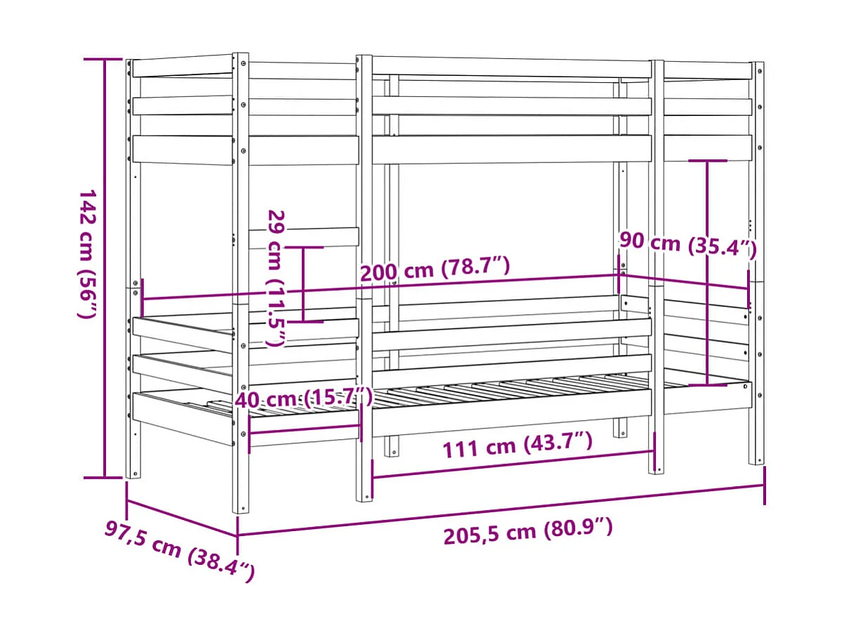 Lit superposé sans matelas blanc 90x200 cm bois de pin massif