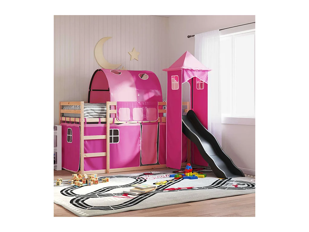 Lit superposé sans matelas avec toboggan et rideaux 90x200 cm