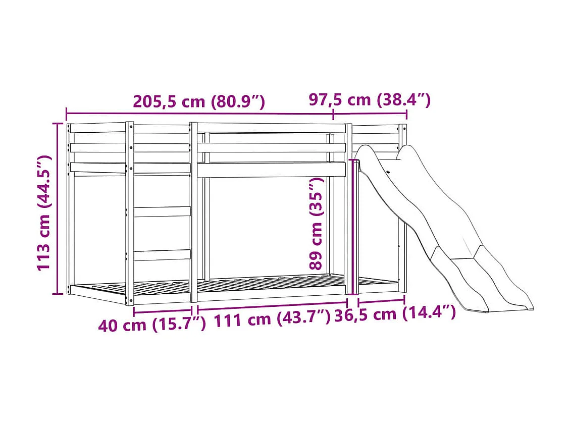 Etagenbett mit Rutsche und Gardinen Rosa 90x200 cm