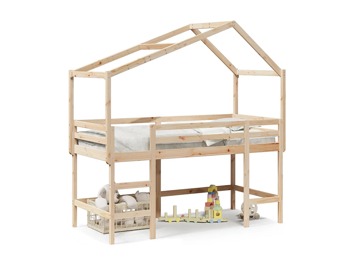 Halfhoogslaper met ladder en bedhuis grenenhout 80x200 cm