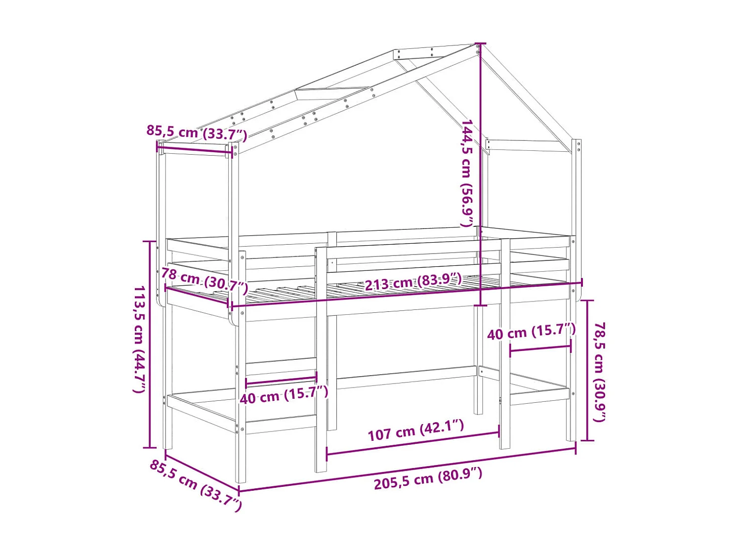 Halfhoogslaper met ladder en bedhuis grenenhout 80x200 cm