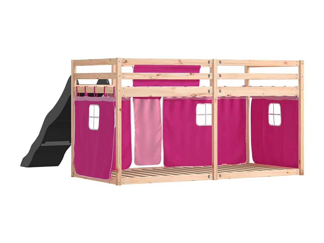 Etagenbett mit Rutsche und Gardinen Rosa 90x200 cm