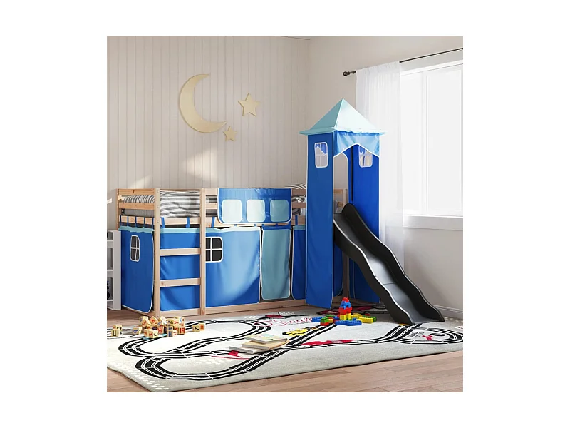 Etagenbett mit Rutsche und Gardinen Blau 90x200 cm