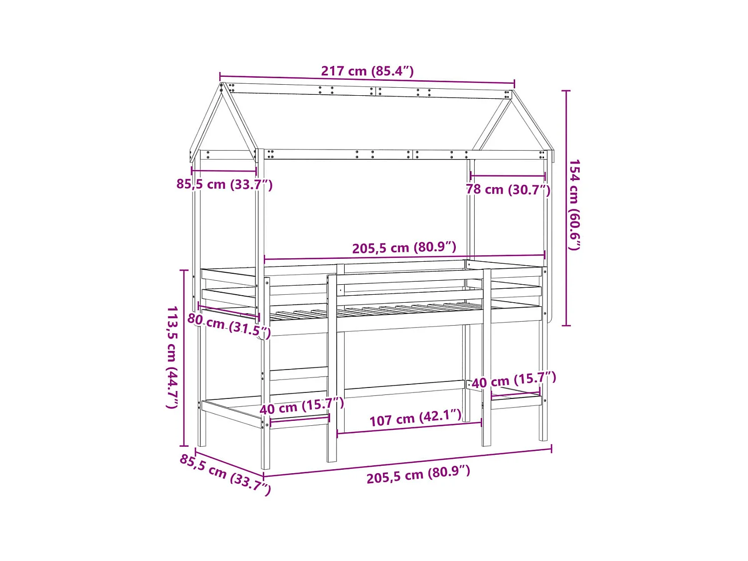 Lit superposé avec échelle et toit sans matelas blanc 80x200 cm