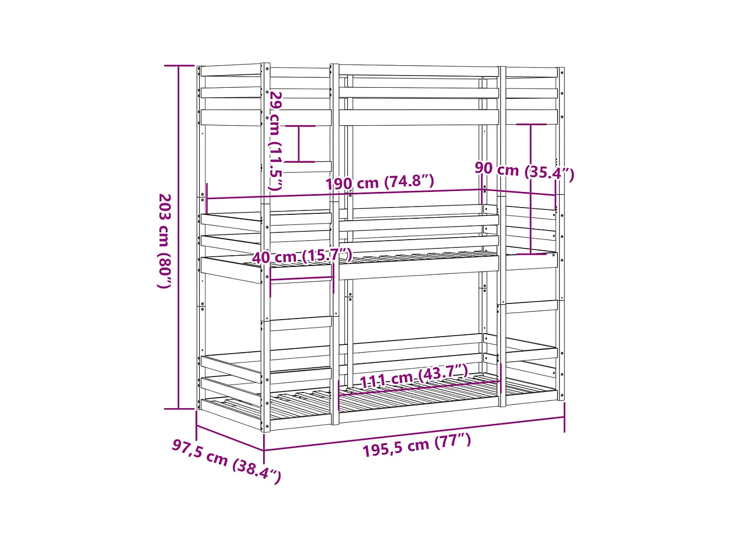 Lit superposé triple sans matelas 90x190 cm bois de pin massif