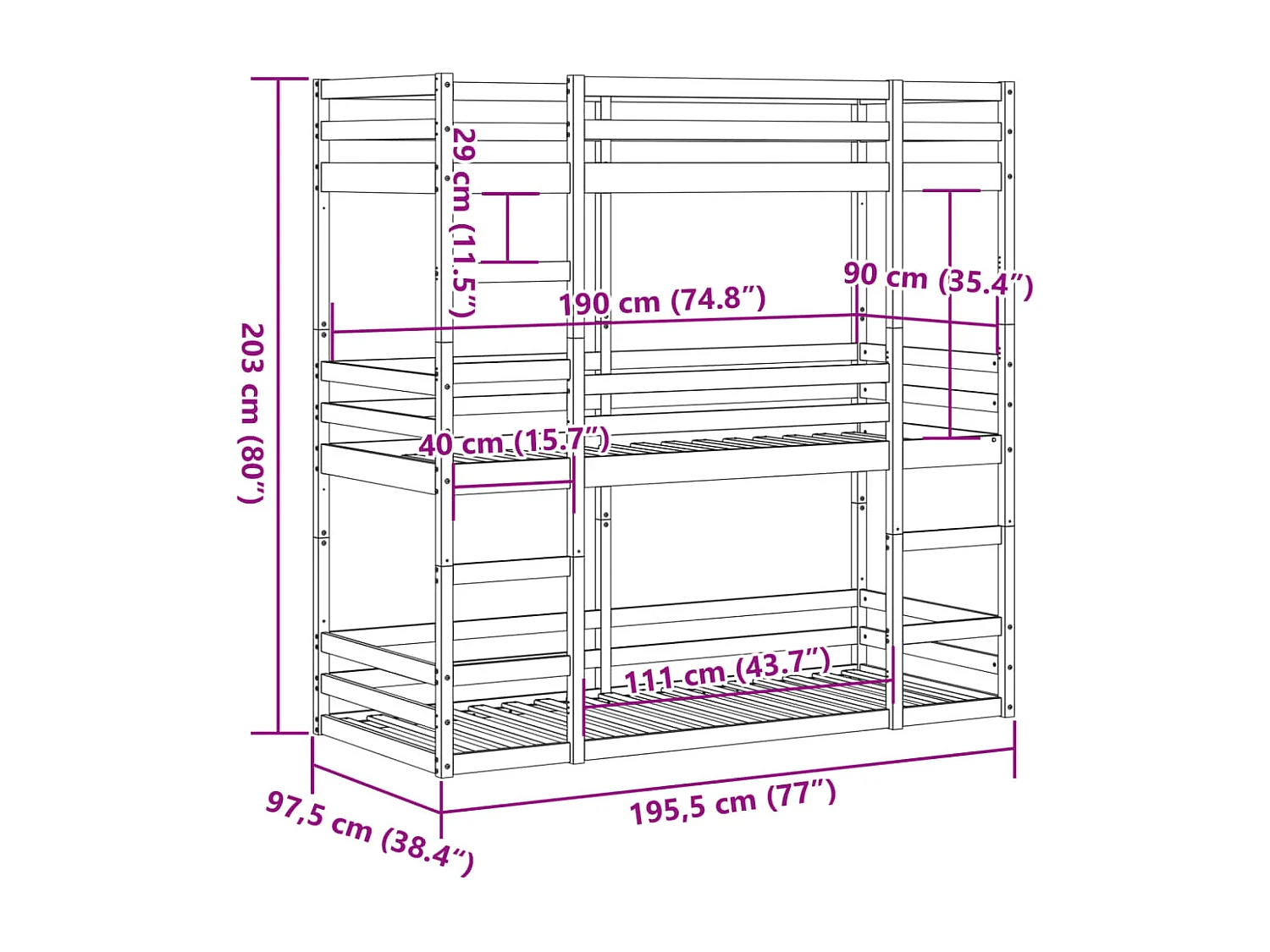 Lit superposé triple sans matelas 90x190 cm bois de pin massif