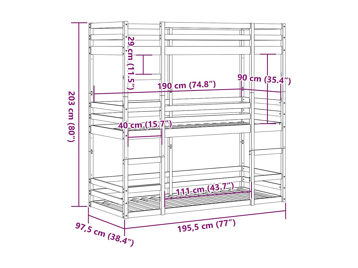 Dreifach-Etagenbett Wachsbraun 90x190 cm Massivholz Kiefer