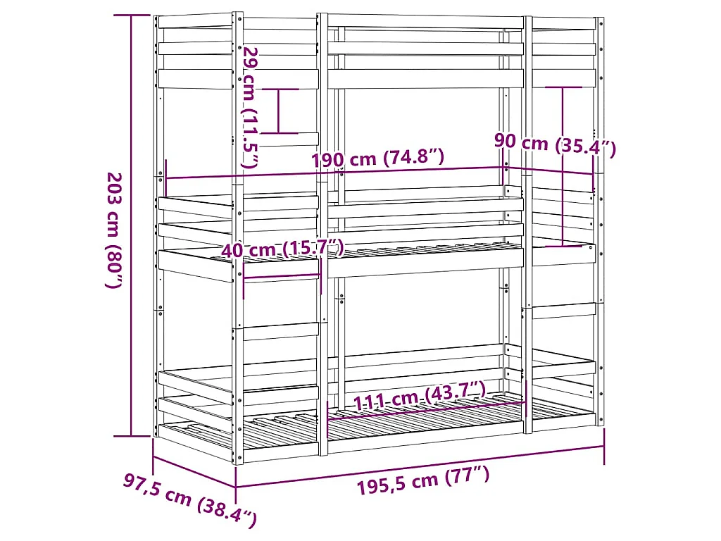 Lit superposé triple sans matelas 90x190 cm bois de pin massif