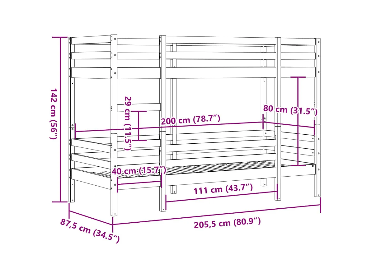 Lit superposé sans matelas 80x200 cm bois de pin massif
