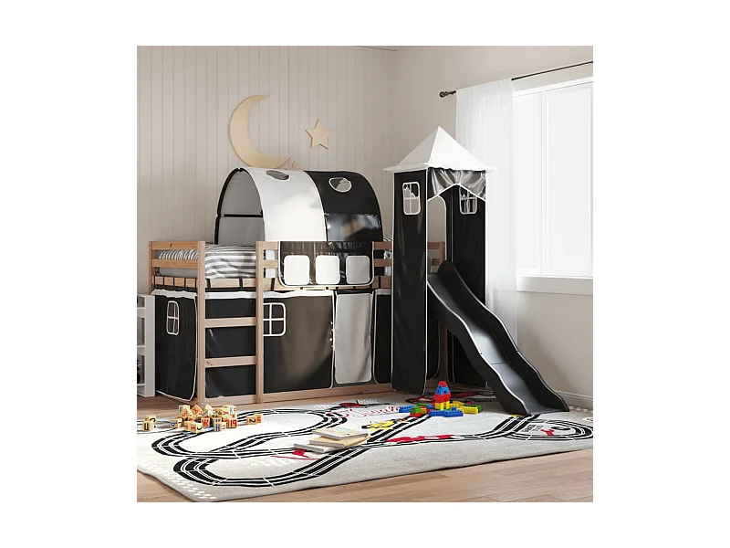 Lit superposé sans matelas avec toboggan blanc noir 90x190 cm