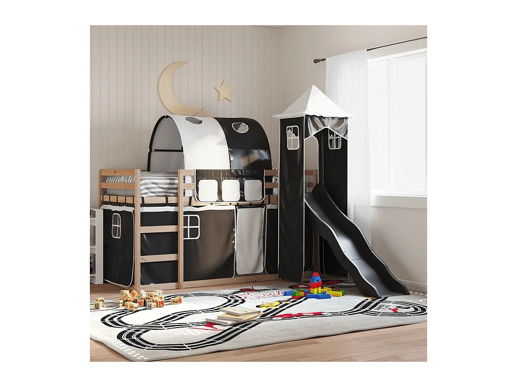 Lit superposé sans matelas avec toboggan blanc noir 90x190 cm