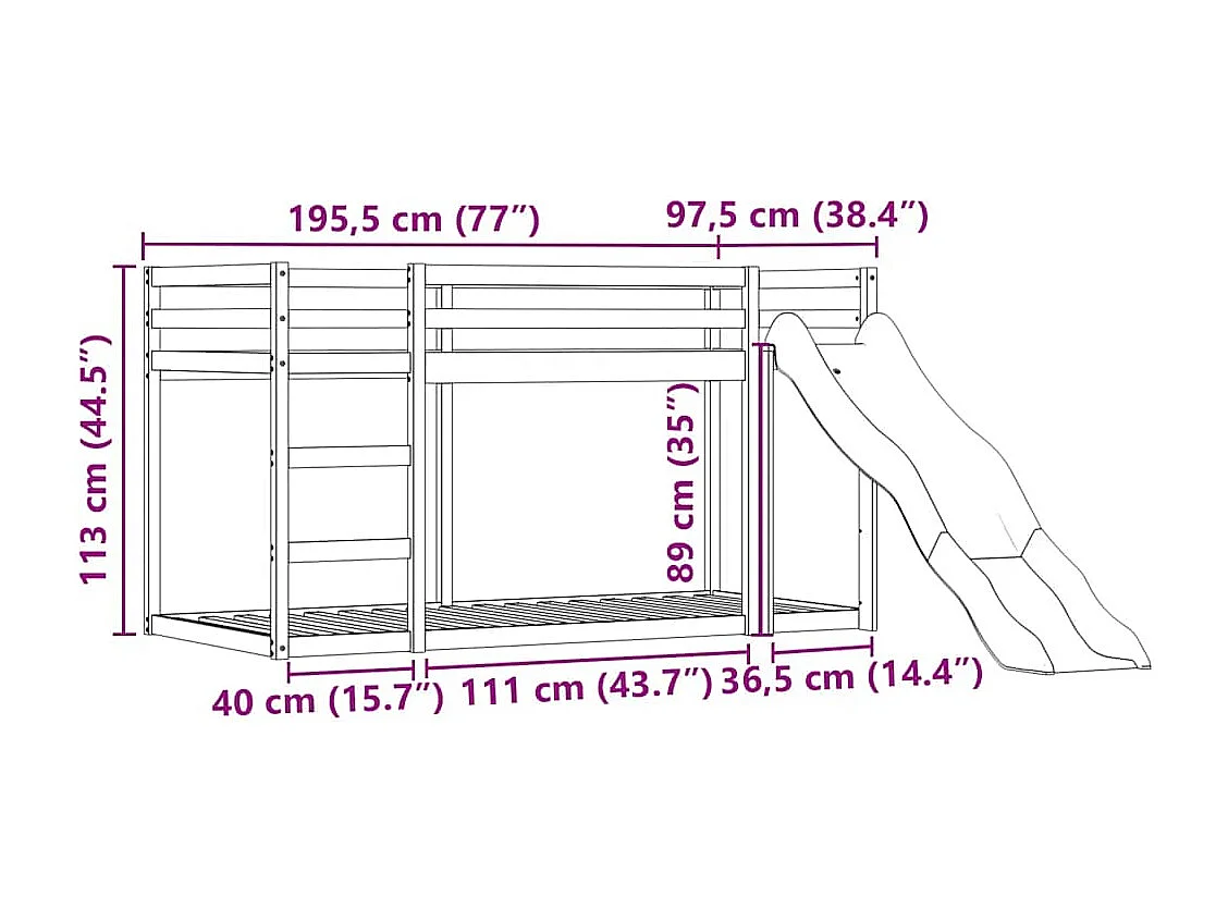 Lit superposé sans matelas avec toboggan blanc noir 90x190 cm