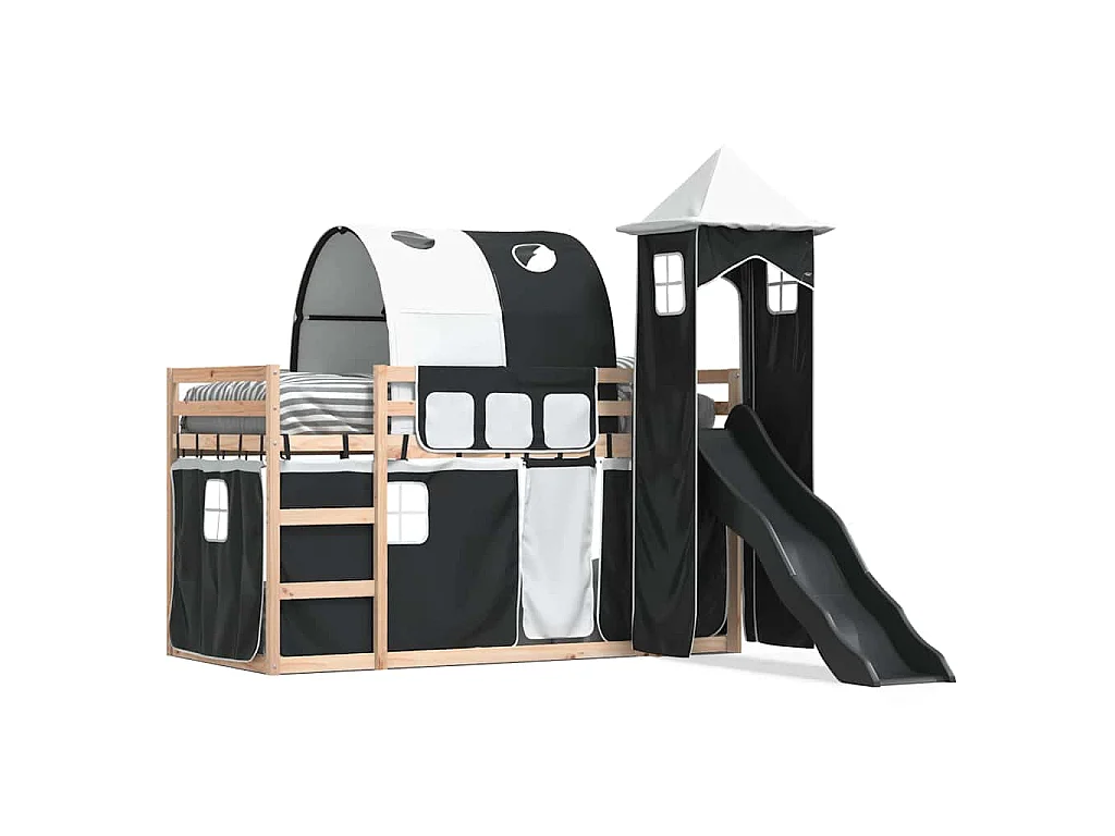 Lit superposé sans matelas avec toboggan blanc noir 90x190 cm
