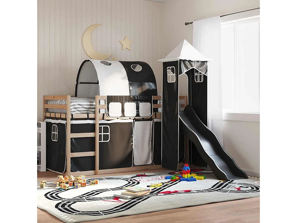 Lit superposé sans matelas avec toboggan blanc noir 90x190 cm