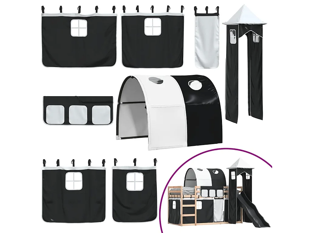 Lit superposé sans matelas avec toboggan blanc noir 90x190 cm