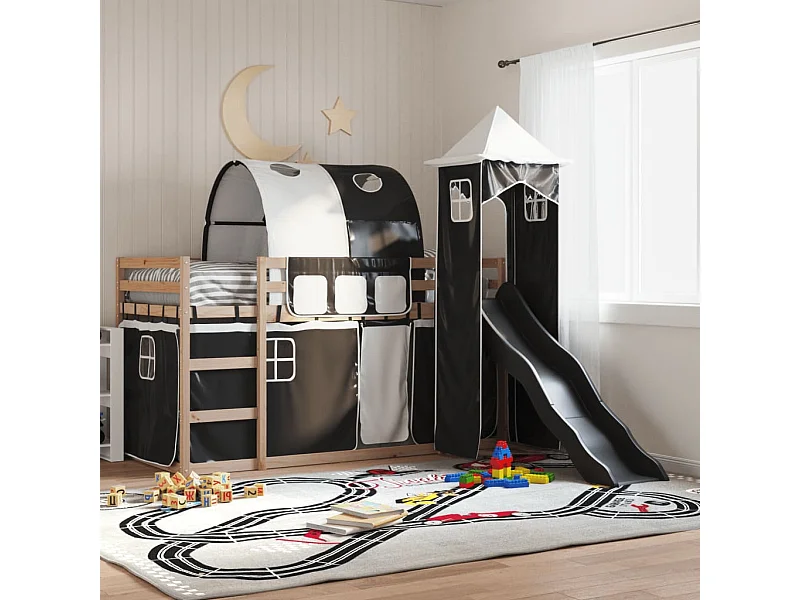 Letto a Castello con Scivolo e Tende Bianco e Nero 90x200 cm