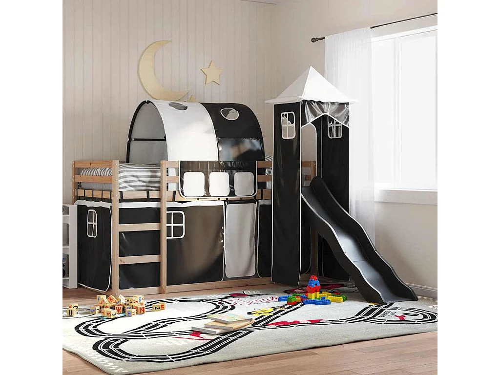 Lit superposé sans matelas avec toboggan blanc noir 90x200 cm