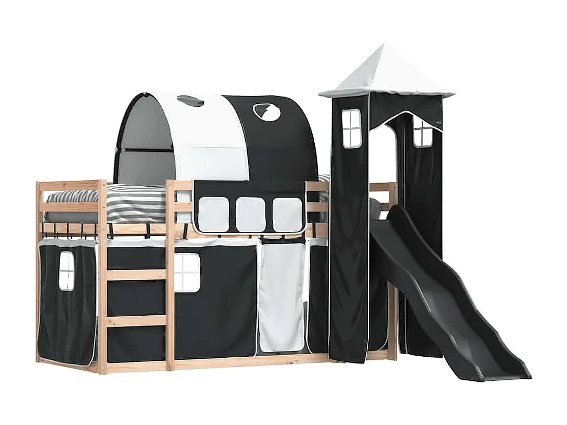 Lit superposé sans matelas avec toboggan blanc noir 90x200 cm
