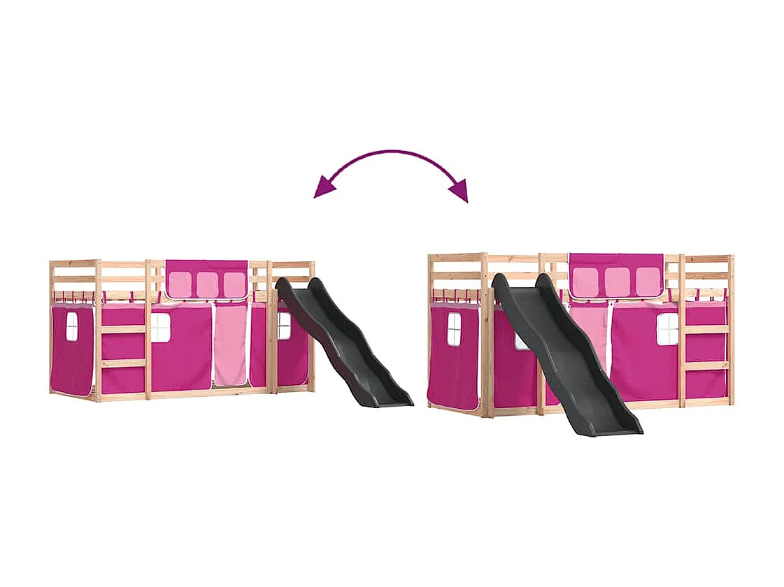 Etagenbett mit Rutsche und Gardinen Rosa 80x200 cm