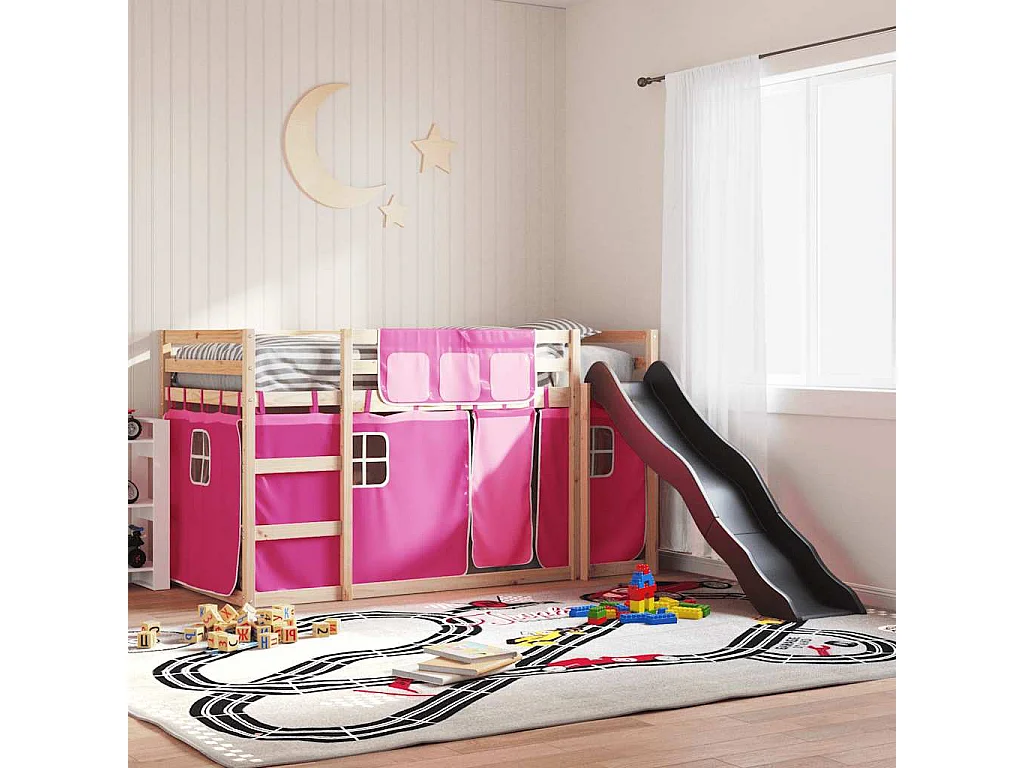Lit superposé sans matelas avec toboggan et rideaux 80x200 cm
