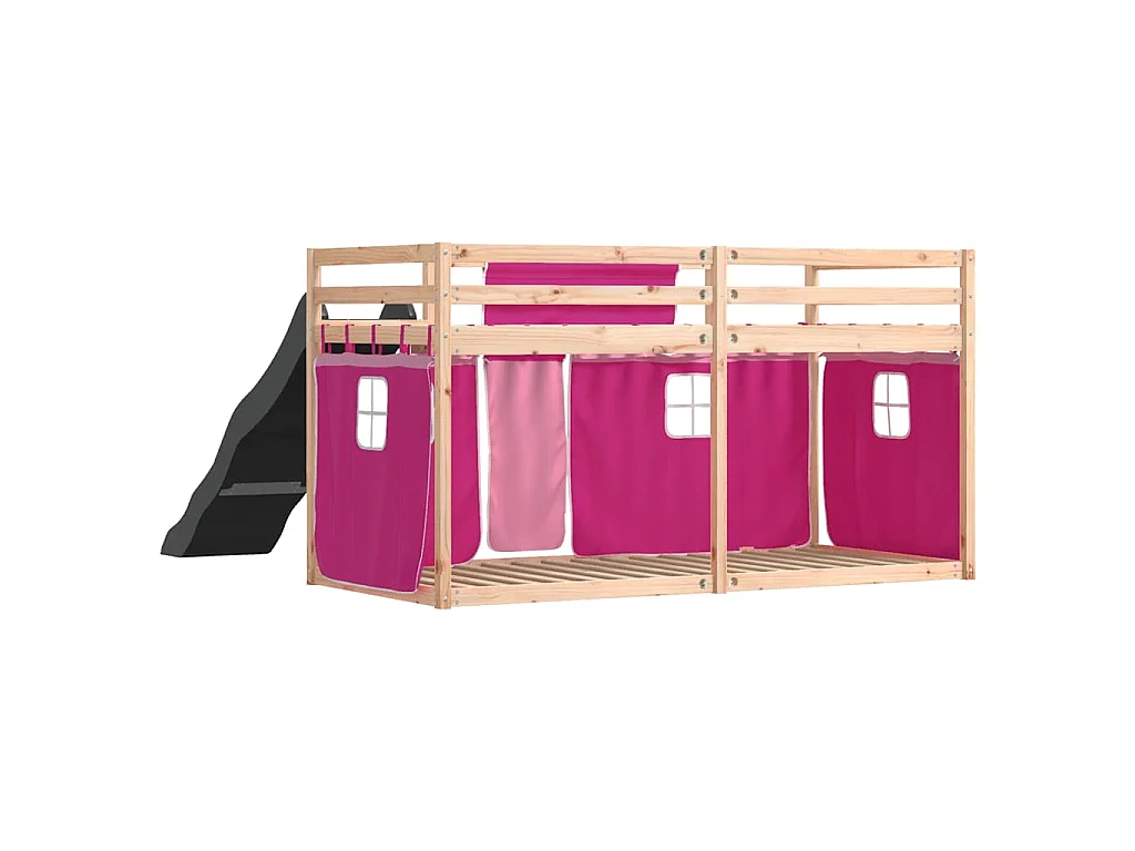 Lit superposé sans matelas avec toboggan et rideaux 80x200 cm
