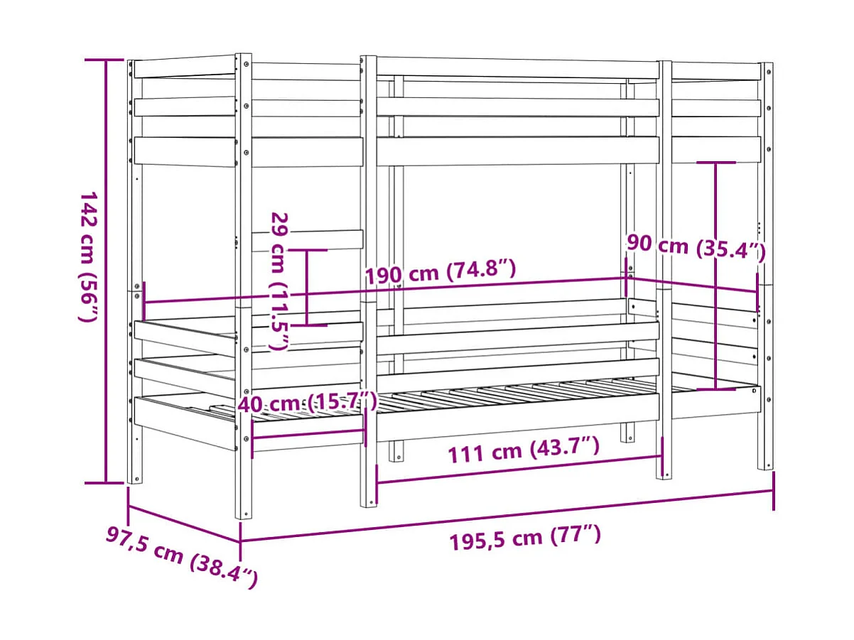 Lit superposé sans matelas blanc 90x190 cm bois de pin massif