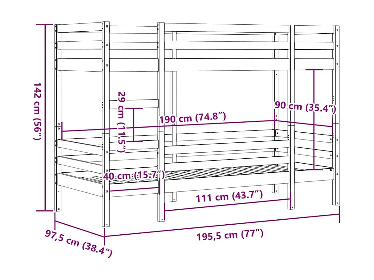 Lit superposé sans matelas blanc 90x190 cm bois de pin massif