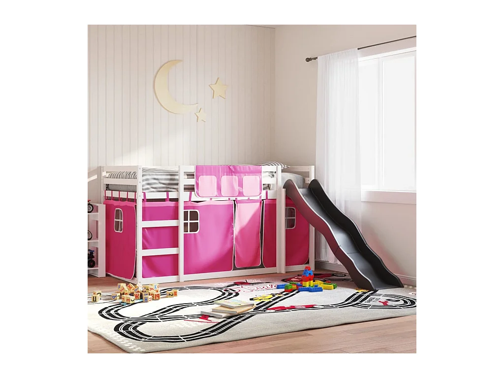 Lit superposé sans matelas avec toboggan et rideaux 90x190 cm