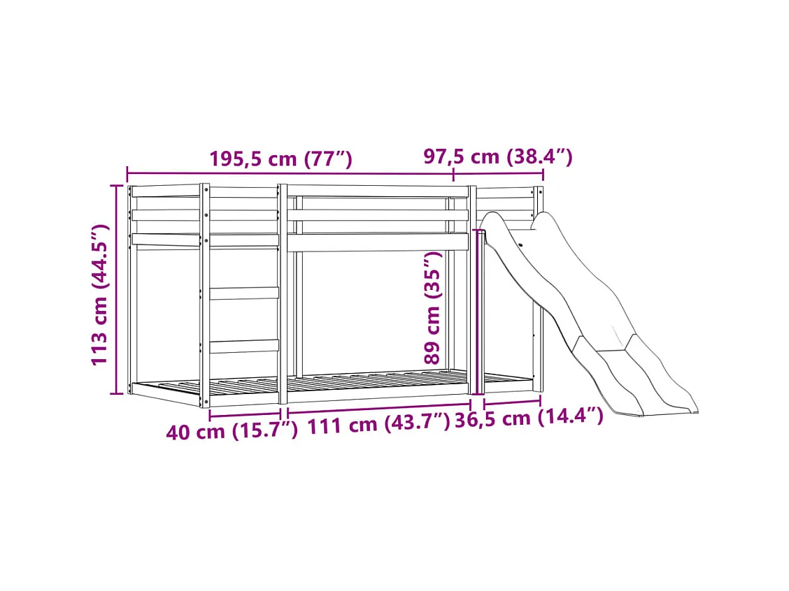 Lit superposé sans matelas avec toboggan et rideaux 90x190 cm